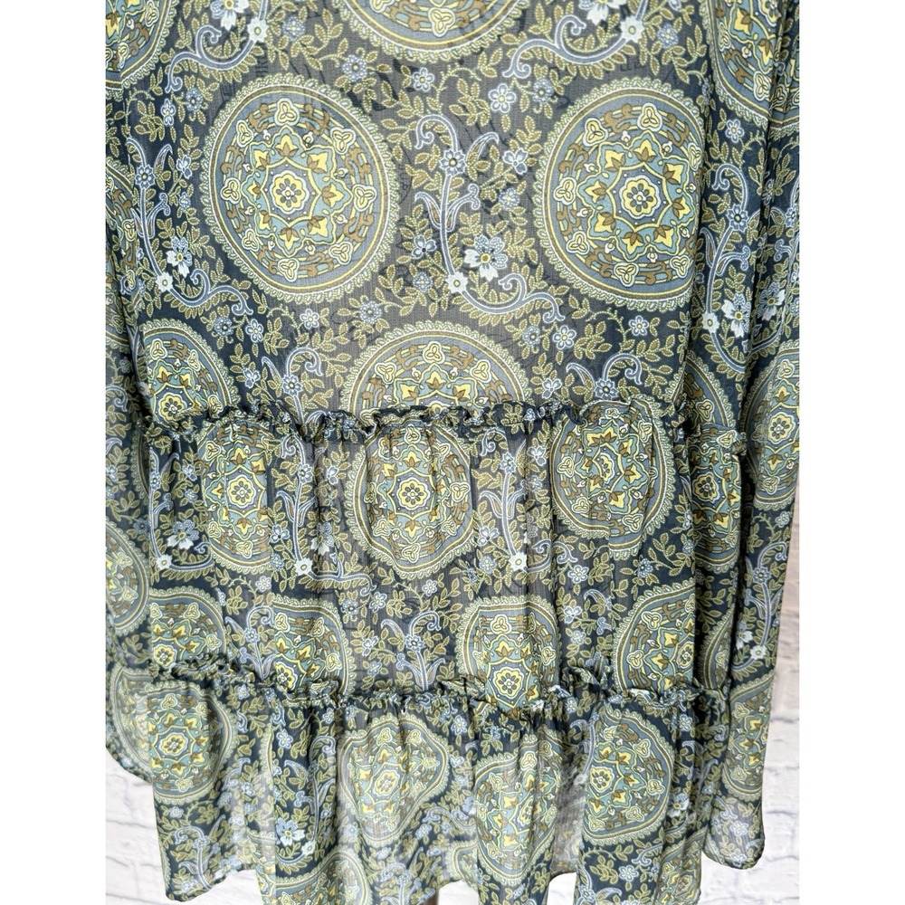 Loft Blouse Paisley Sheer XL‎ Green Boho Peasant Baby Doll Tiered Bell Sleeve - Picture 11 of 14
